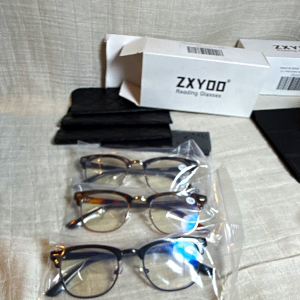 ZXYOO 3-Pack Retro Square Reading Glasses +1.25 Tinted, Multicolor, Cases